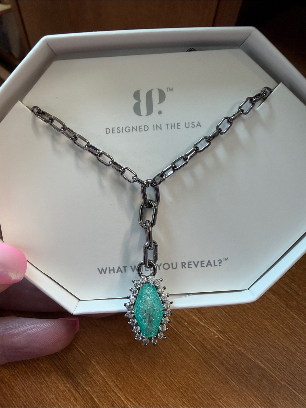 Bomb Party Teal Druzy Halo Pendant Link Necklace.  Hematite